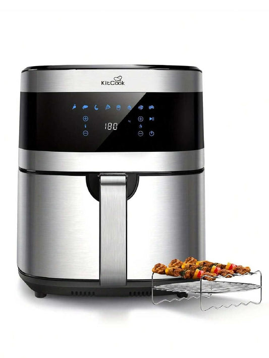 KitCook Large 6.8 QT Air Fryer,1500W Oven,8 Presets LED Touch Digital Screen, Shake Reminder, Nonstick Basket, Stainless Steel Electric Hot Oilless Cooker(Recipes Book/Skewers Included),Silver