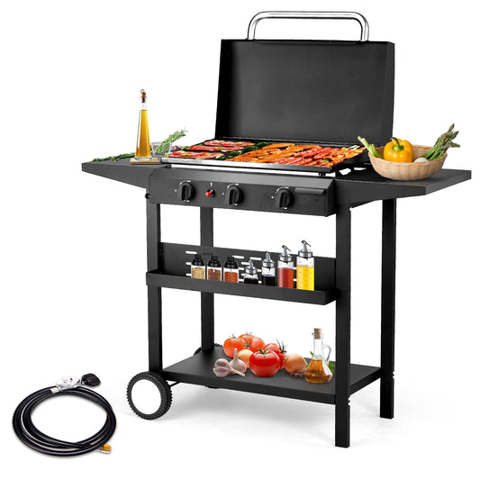 Ktaxon 3 Burner Propane Griddle Flat Top Gas Grill 45000 BTU with Lid,Ceramic Coated Cast Iron Pan,Side Shelves,Spice Rack,Wheels