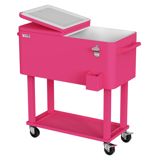 Ktaxon 80 Qt Rolling Ice Chest Cooler Cart Outdoor Trolley with Storage Shelf, Bottle Opener & Cap Collector for 48 Hour Cold Drinks,Bright Pink