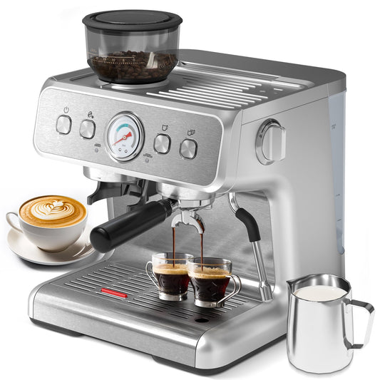 Electactic Coffee Maker, 15 Bar, Semi-Automatic, Intelligent Temperature Control, Overheat Protection, Auto Shut-Off, Large 2.8L Water Tank, Dual Cup Brewing, for Home, Office, Coffee Shop - Silver
