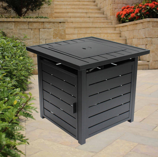 MistMo 28" Square Propane Fire Pit Table With Metal Lid And Lava Rock 50000 BTU For Outside Patio