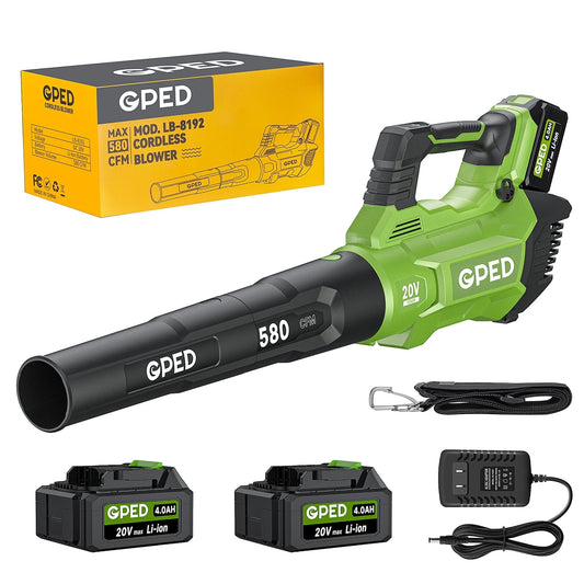 Leaf Blower, 3 Speed Adjustment Electric Cordless Leaf Blower with 2 x 4.0Ah Batteries, Charger, Shoulder Strap, 580CFM/160MPH, Ideal for Patio Cleaning, Lawn Care, Blowing Leaves and Dust, Green