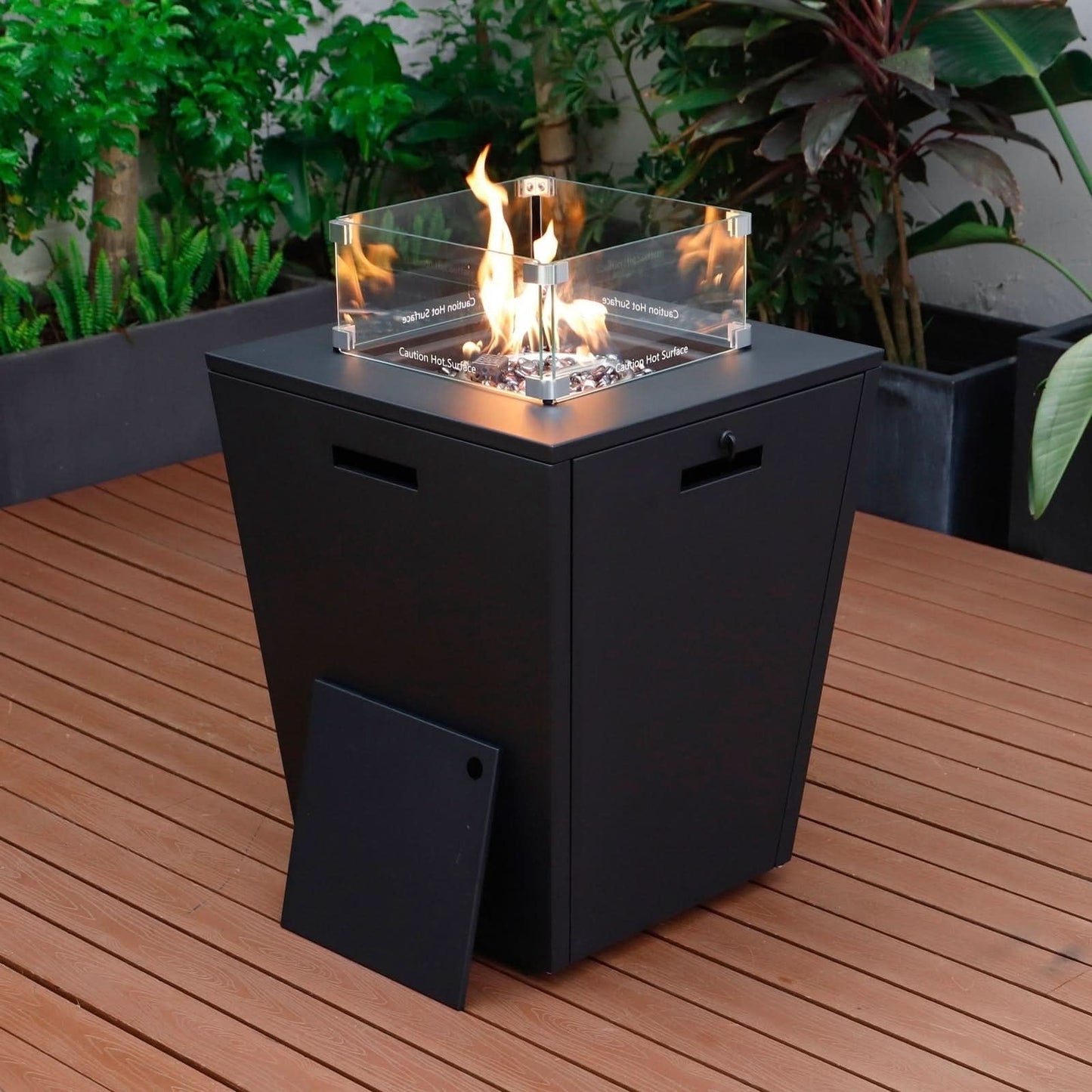 LeisureMod Chelsea 32" Propane Gas Fire Pit Table, Black Steel CSA-Certified Outdoor Firepit with Tempered Glass Wind Guard & Lid – Patio Heater for Backyard or Garden