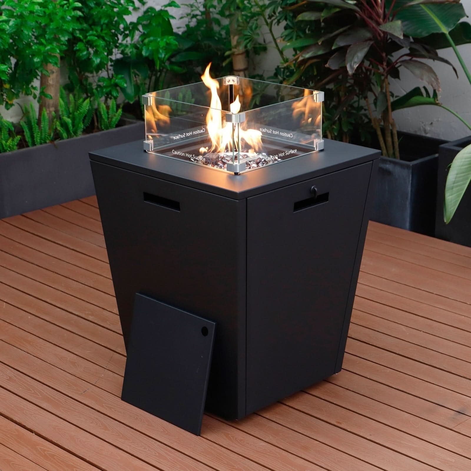 LeisureMod Chelsea 32" Propane Gas Fire Pit Table, Black Steel CSA-Certified Outdoor Firepit with Tempered Glass Wind Guard & Lid – Patio Heater for Backyard or Garden