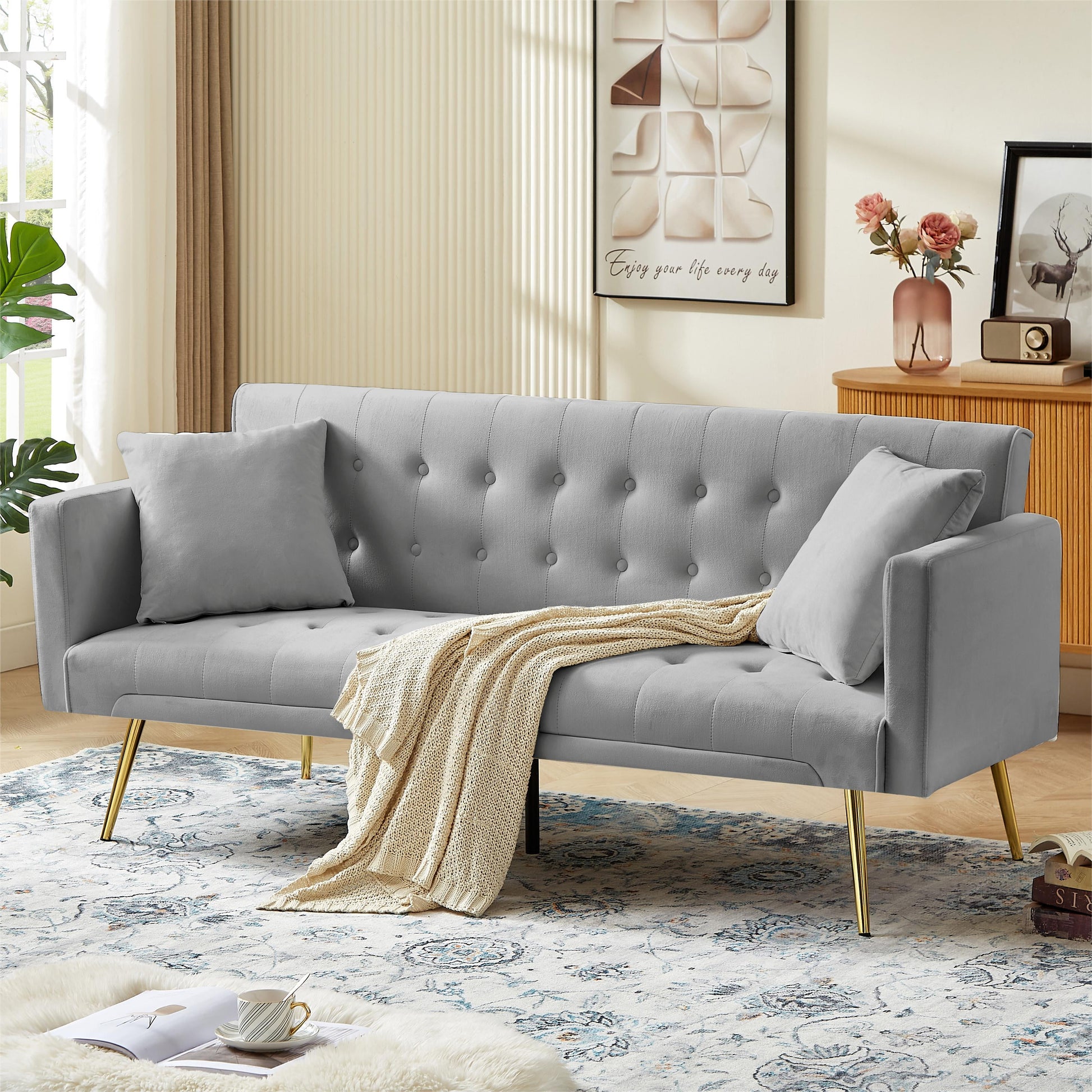 Leumius Velvet Futon Sofa Bed Mid-Century Modern Adjustable Backrest with Pillows, Gray/Gold