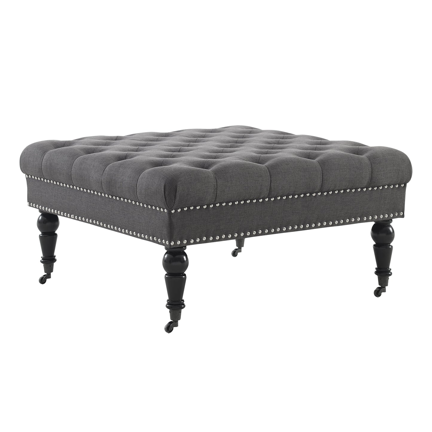 Linon Kacie Square Button Tufted Ottoman, Black/Charcoal Linen