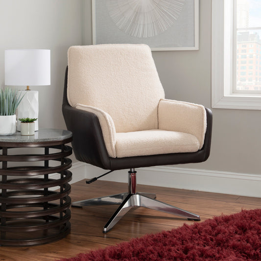 Linon Merle Accent Chair with Swivel, Brown Faux Leather and Beige Sherpa