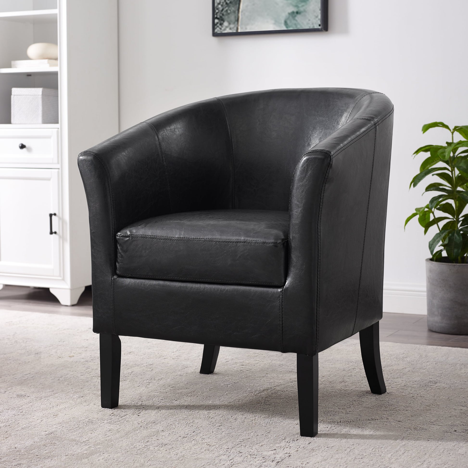 Linon Simon Upholstered Club Chair High Arms Deep Seat in Black Faux Leather