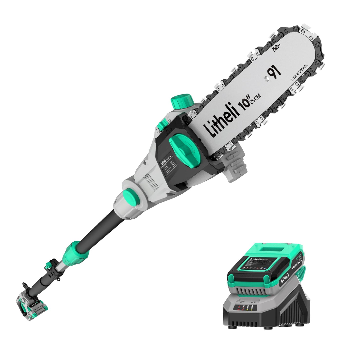 Litheli 20V 10″ Cordless Pole Saw Telescopic for Tree Trimming with 2.0Ah Battery & Charger