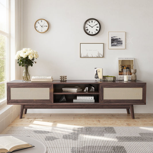 MAYEERTY Walnut 65" Mid Century Modern TV Stand, Boho Media Console with Cable Management for Living Room