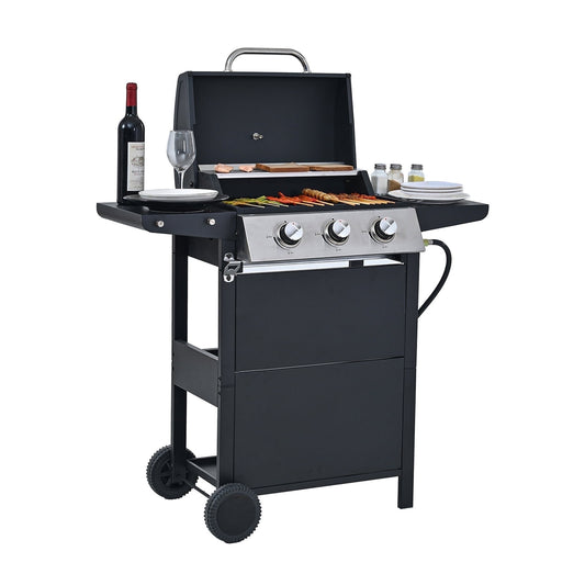 MEWANG 3-Burner Propane Gas Grill, 25,650 BTU Stainless BBQ for Patio Garden | Outdoor Grill with Foldable Shelves
