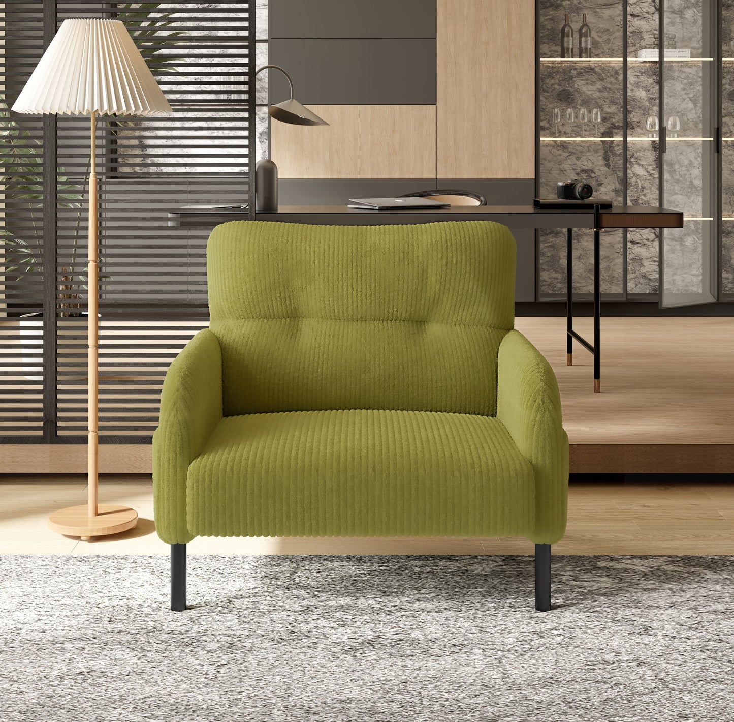 MOONMISS Corduroy Upholstered Comfortable Single Wood Frame Armchair for Living room and Bedroom-Olive Green
