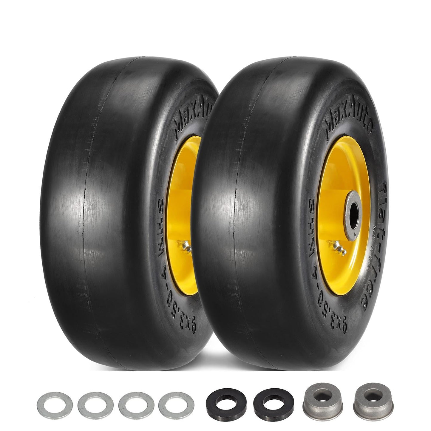 MaxAuto 9x3.50-4" Flat Free Lawnmower Tire on Wheel, 3.5" Center Hub, 3/4" Bushings