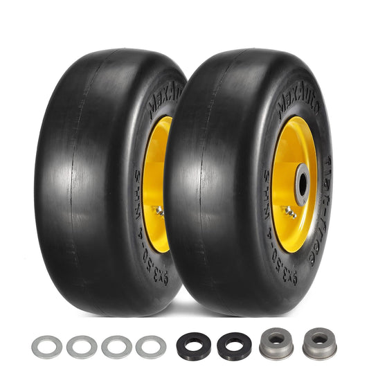 MaxAuto 9x3.50-4" Flat Free Lawnmower Tire on Wheel, 3.5" Center Hub, 3/4" Bushings