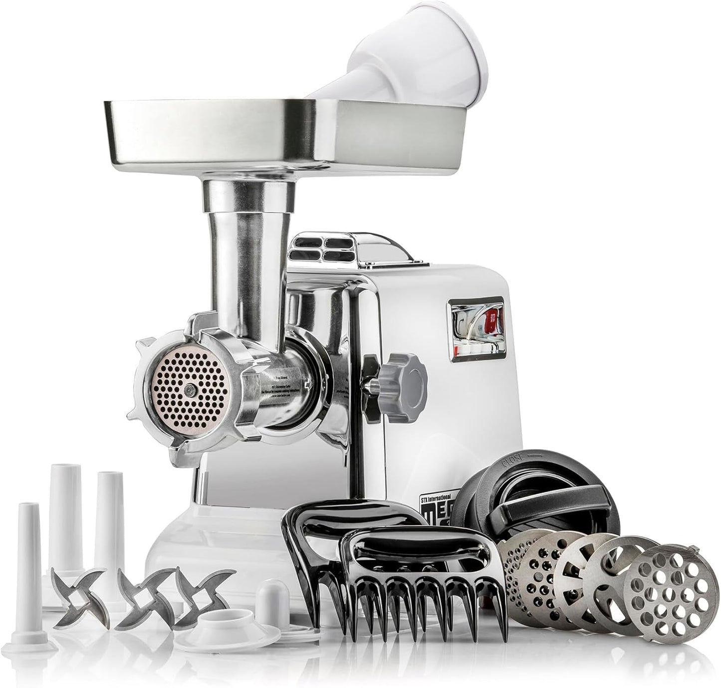 Megaforce 3000 Series 5-in-1 Electric Meat Grinder | 3000W Max | Air Cooled | 3-Speed | Size #12 | 5 Grinding Plates | Stainless Steel Blades | Sausage Stuffer | Kubbe Maker & More