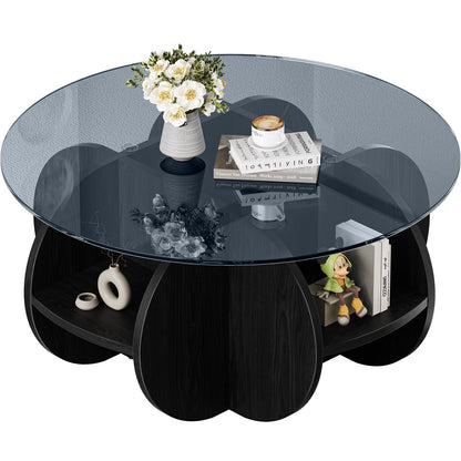 Miniyam 31.5" Round Coffee Table with Tempered Glass Top, Walnut Finish Base with Storage Shelves for Small Spaces