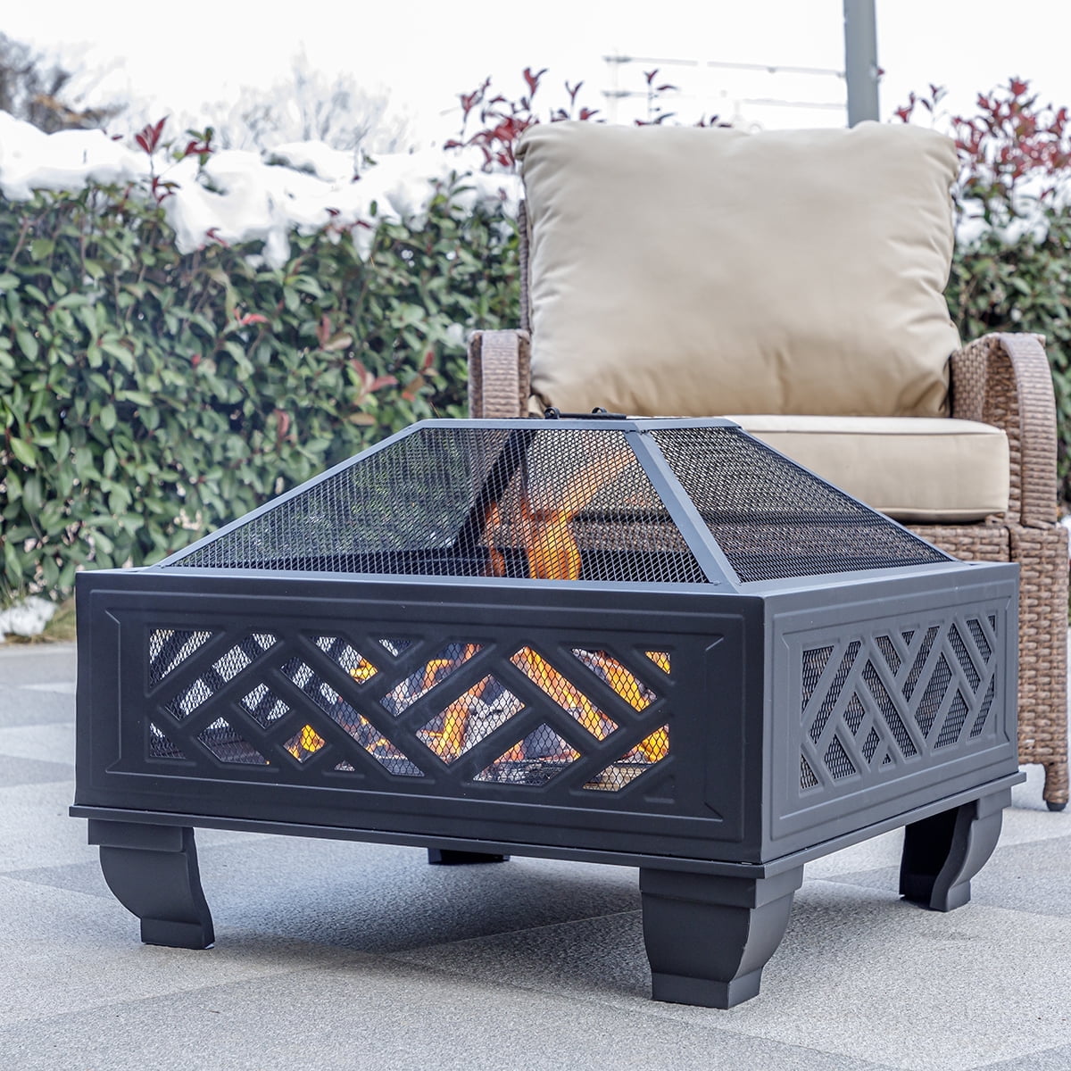 MistMo 26" Fire Pit with Grill for Outside, Square Outdoor Wood Burning Metal Firepit with Poker Black