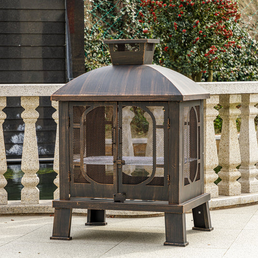 MistMo Metal Fire Pit, Outdoor Wood Bunring Fireplace with Grill for Backyard, Antique Bronze