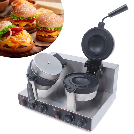 Miumaeov Commercial Waffle Maker Round Double Head Stainless Steel Burger Waffle Maker Machine Non-stick Electric Burger Waffle Maker for Restaurant Bakeries Snack Bar 2400W