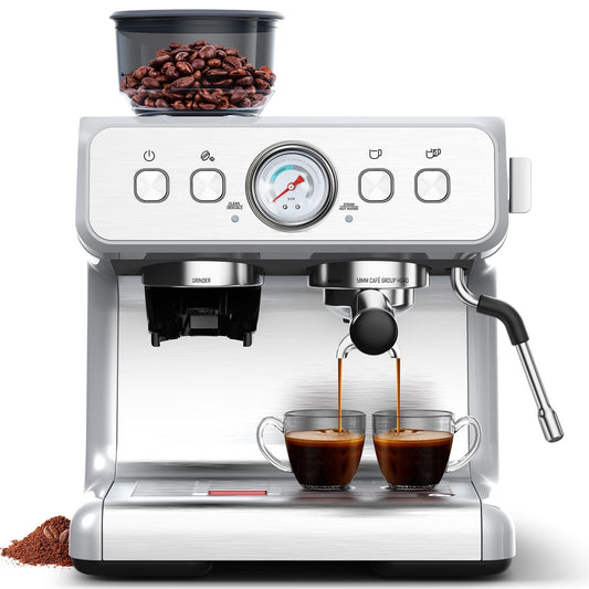 Moifoi Espresso Machine with Grinder and Milk Frother Steam Wand, 15 Bar Pump & 95 Ounce Water Reservoir, Professional Coffee Machine, New, Stainless Steel