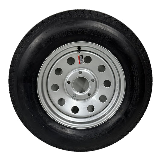 Mounted Trailer Tire on Rim ST205/75D15 Tex Star LRC 6 Ply Bias 5 Lug Silver Modular Wheel 5x4.5" Bolt Pattern