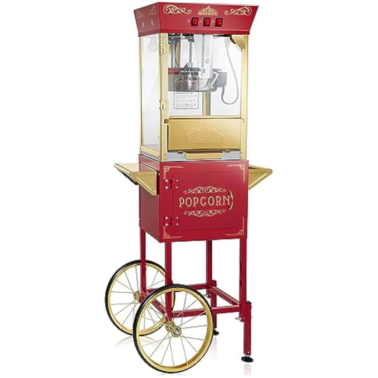 Movie Theater-Style Popcorn Machine Maker with Cart and 10-Ounce Kettle - Red, Vintage-Style Popper on Wheels