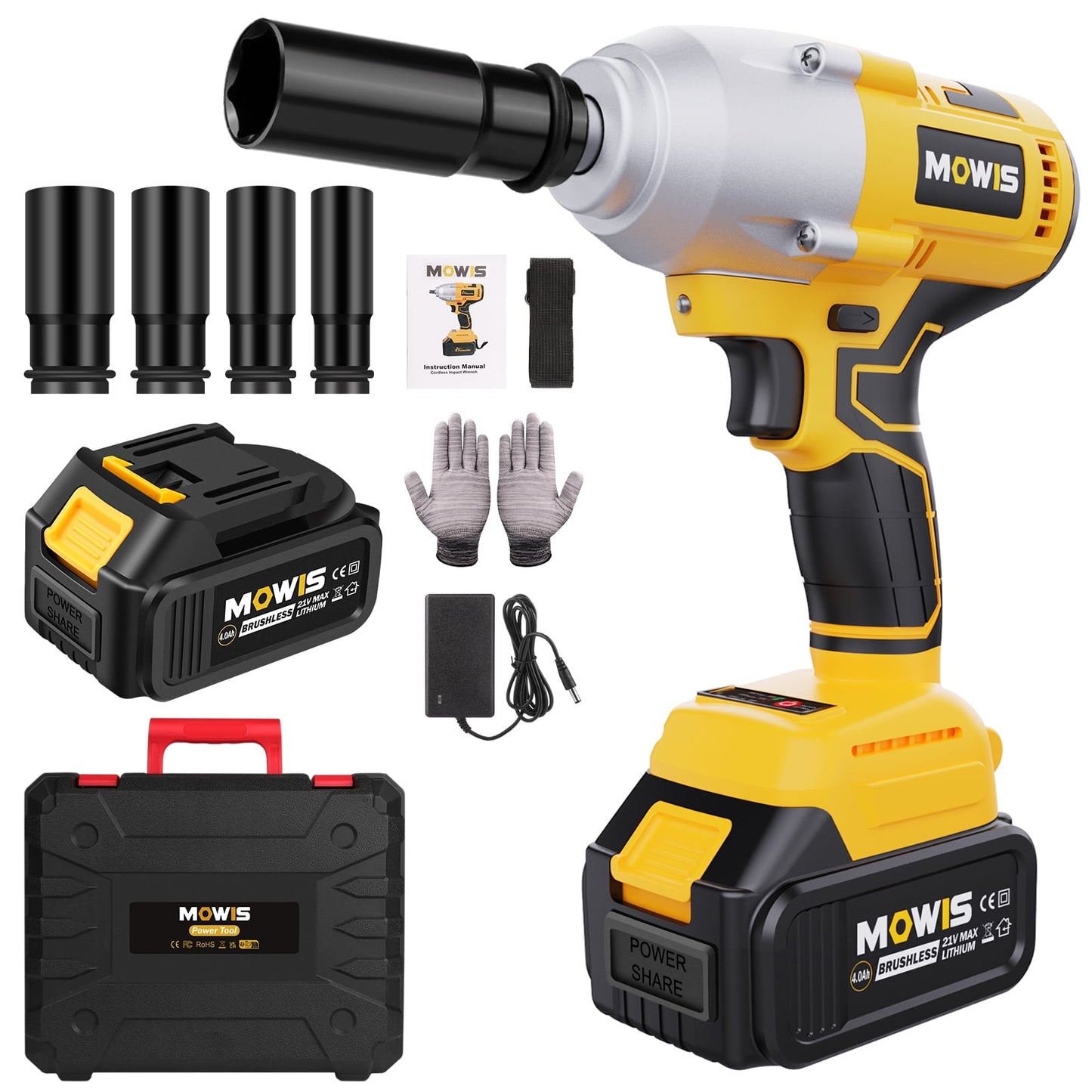 Mowis 1/2" Cordless Power Impact Wrench 515ft-bls (700N.m) High Torque 4800 Rpm Brushless Motor Half inch Impact Gun for Tire, Lug Nuts