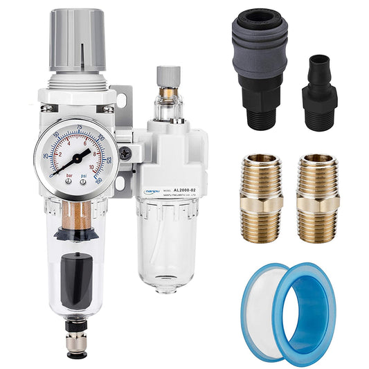 NANPU 1/4" NPT Auto-Drain Air Filter Regulator Lubricator Combo (FRL) Water/Oil Trap Separator - Gauge(0-150 psi), 5 Micron Brass Element, Poly Bowl, Metal Bracket