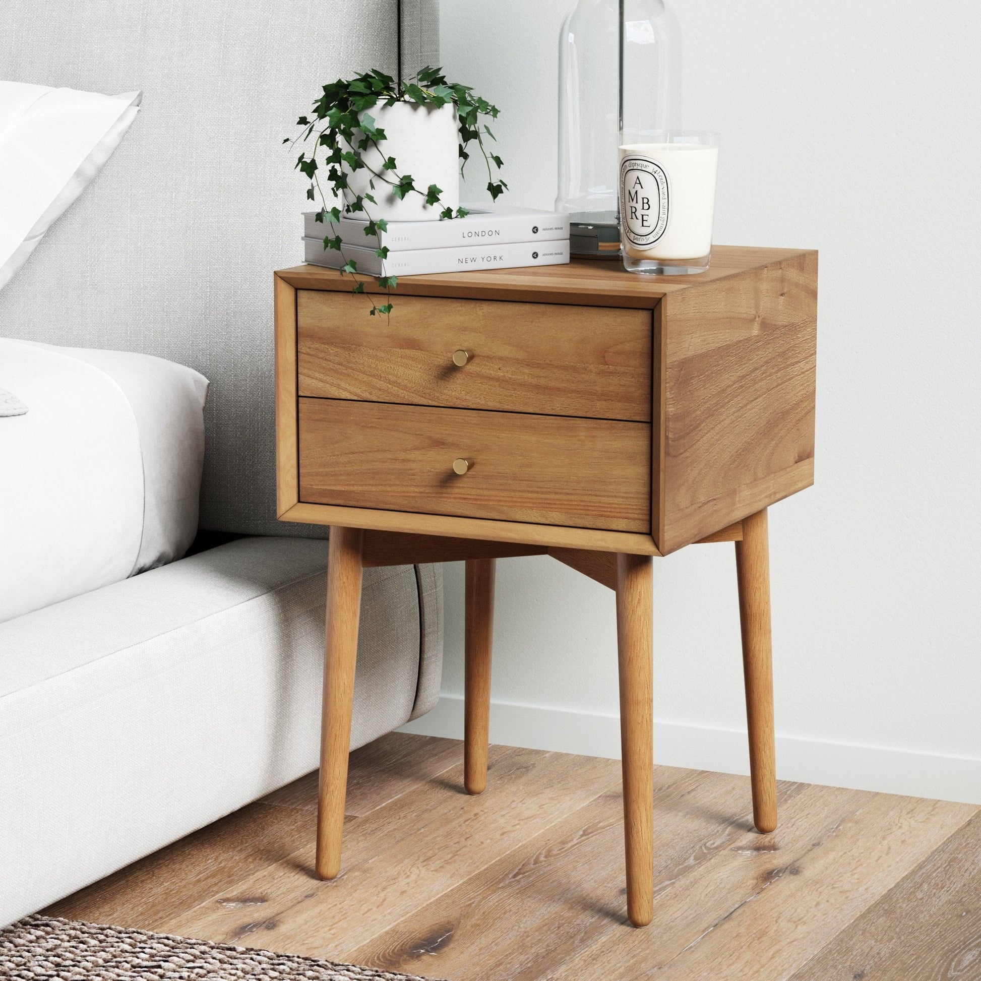 Nathan James Harper Mid-Century Oak Wood Nightstand with 2-Drawers, Small Side Table, End Table with Storage, Brown