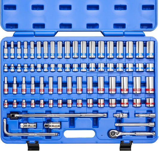 Neiko 02472A 3/8-Inch-Drive Colored Mechanics Tool Ratchet, Socket Set, 76-Piece Standard and Deep SAE Sizes 1/4" to 1" Metric Sizes 6 mm to 24 mm Made with CrV Steel for Auto Repair
