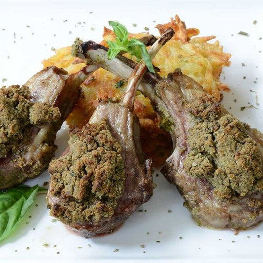 New Zealand Lamb 7-8 Frenched Rib Racks, Frozen - 2 x 2 pieces, 12-14 oz ea