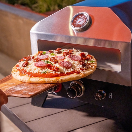 Nexgrill 12" Tabletop Propane Pizza Oven, Cast Aluminum Frame, 15,000 BTUs, Portable Gas Pizza Cooker with Built-In Temperature Gauge, Wood Smoker Box, Rotating Cordierite Pizza Stone - 820-0084B
