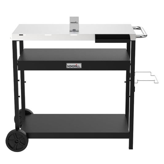 Nexgrill Outdoor Stainless Steel Food Prep Cart w/ Double Shelves, Paper Towel Holder, Hooks, Condiment Tray, Trash Bag Holder