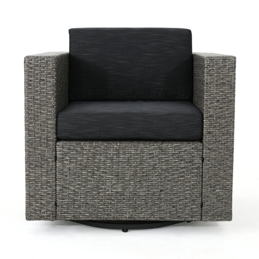 Noble House Puerta Mixed Black Wicker Swivel Chair with Dark Grey Cushion