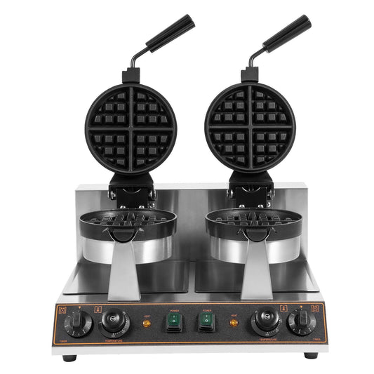 Non-Stick Waffle Maker, 180° Rotable Round Waffle Iron,Waffle Baker Machine with Time and Temperature Control, Dual-head Waffle Maker, 201 Stainless Steel, 110V 2400W