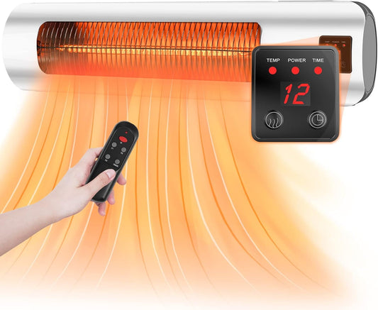Nordic Hygge 1500W Electric Patio Heater with Remote Control and Timer, IP65, Wall Mounted, Silver