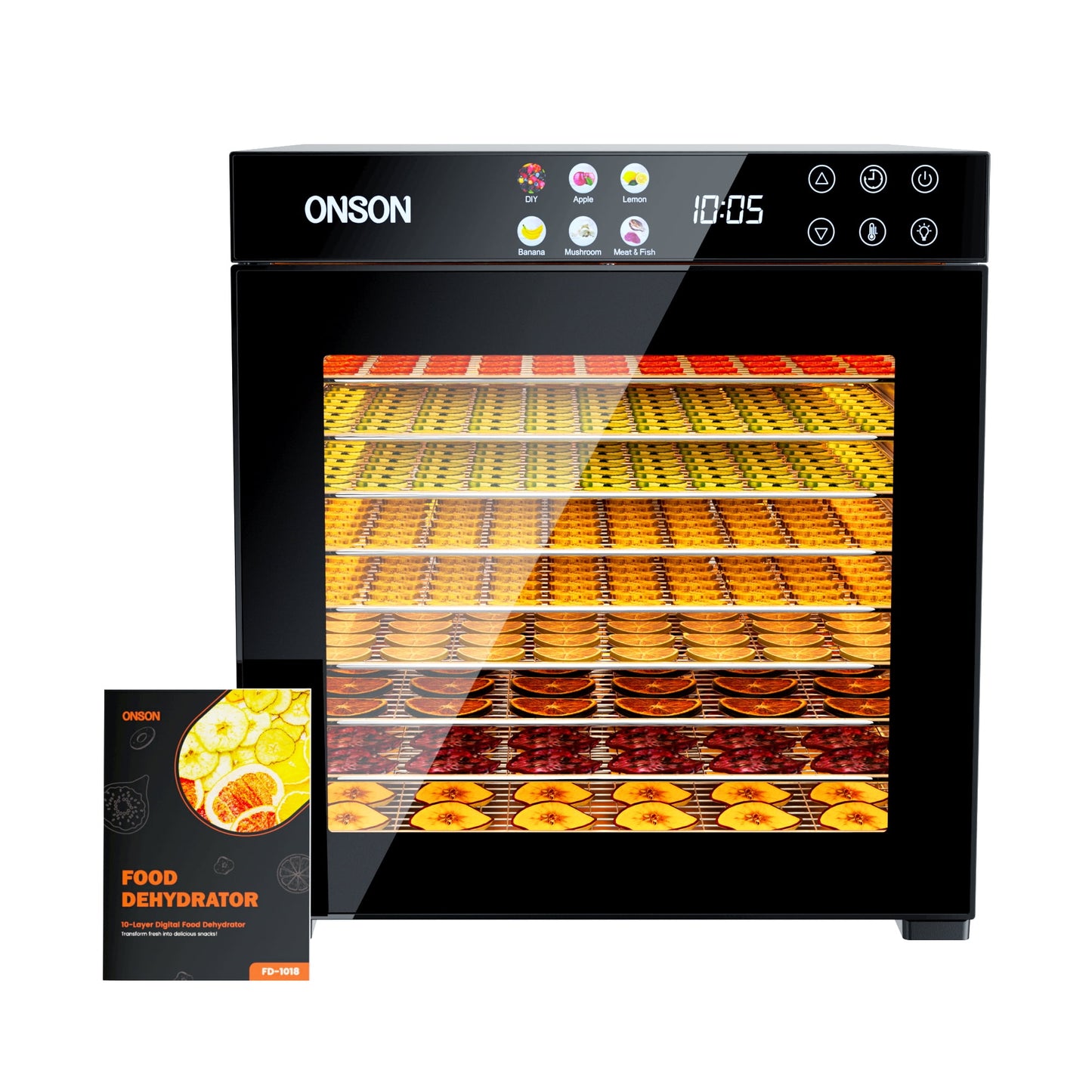 ONSON Food Dehydrator Machine, 10 Stainless Steel Trays, 1000W Power, 167°F Dehydrated Dryer for Jerky, Dog Treats, Herbs, Meat, Fruit, Yogurt and Veggies, Silver-black