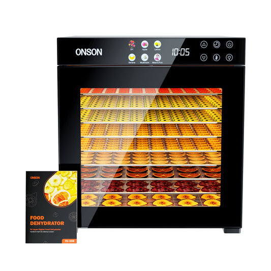 ONSON Food Dehydrator Machine, 10 Stainless Steel Trays, 1000W Power, 167°F Dehydrated Dryer for Jerky, Dog Treats, Herbs, Meat, Fruit, Yogurt and Veggies, Silver-black