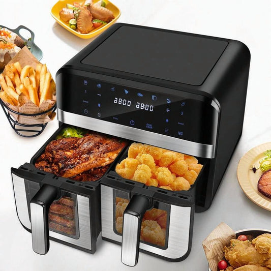 9L Dual Basket Air Fryer - Digital Touchscreen, Smart Sync Finish, Hi-Fry, Auto Shutoff, 2 Independent 4.5L Nonstick Dishwasher-Safe Frying Baskets - Digital Double Air Fryer - Black