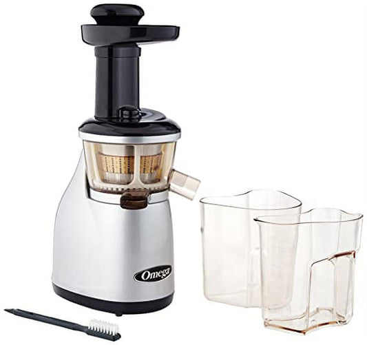Omega VRT350 Heavy Duty Low Speed Vertical Masticating Juicer with Dual-Stage Extraction Creates Fruit and Vegetable Juice Compact Design Quiet Motor, 150-Watt, Silver