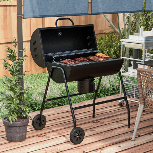 Outsunny Barrel Charcoal BBQ Grill with 420 sq.in. Cooking Area, Wheeled Outdoor Barbecue, Black