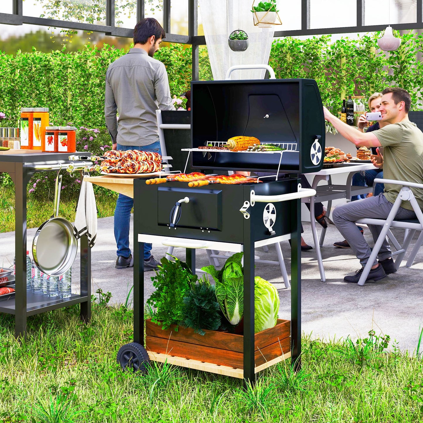 Outsunny Charcoal BBQ Grill, Portable Charcoal Grill for Camping or Backyard Picnic with Side Table, Bottom Storage Shelf, Wheels and Handle, Black