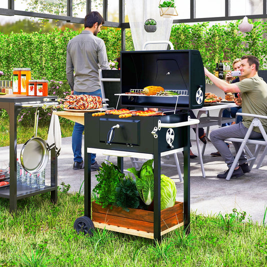 Outsunny Charcoal BBQ Grill, Portable Charcoal Grill for Camping or Backyard Picnic with Side Table, Bottom Storage Shelf, Wheels and Handle, Black