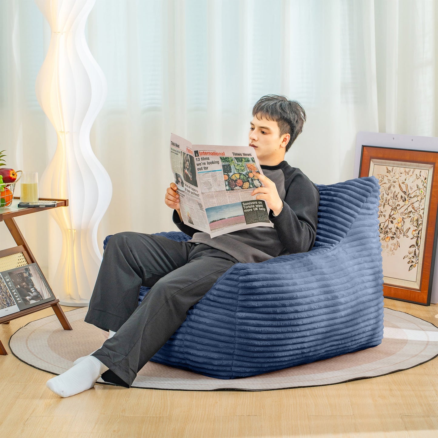 PORKISS Giant Bean Bag Chairs for Adults, Big Comfy Chair Sofa with Corduroy Fabric, Ultra Soft Lazy Floor Sofa Chair with Storage Side Pockets for Family, White