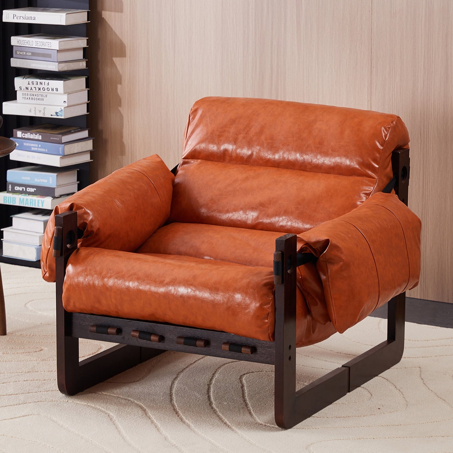PORKISS Oversized Armchair, Modern Accent Chair, Single Sofa Lounge with Oil Wax Leather and Rubberwood Frame, Comfortable Seating for Living Room Bedroom Sunroom, Retro Orange