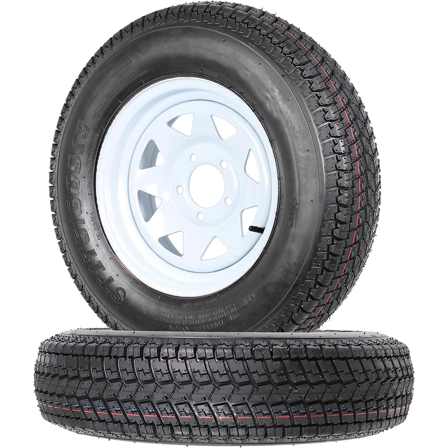 Pinypikaka Set of 2 Trailer Tires with 13" Rims ST175/80D13 175 80 13 Tire 5 Lug White Spoke Wheel Load Range C, 6 Ply PR, 1360Lbs Load Capacity, Black