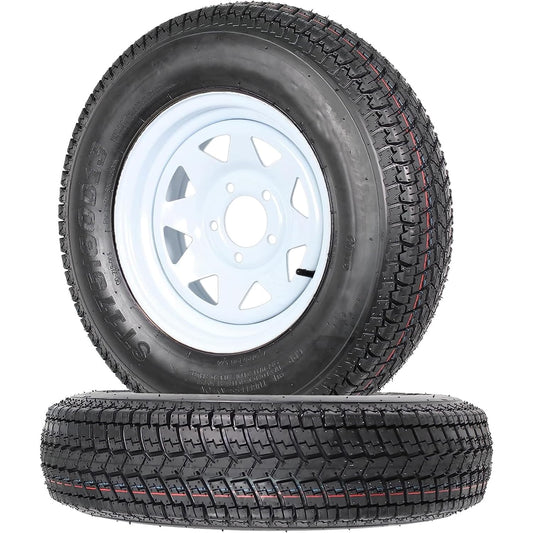 Pinypikaka Set of 2 Trailer Tires with 13" Rims ST175/80D13 175 80 13 Tire 5 Lug White Spoke Wheel Load Range C, 6 Ply PR, 1360Lbs Load Capacity, Black