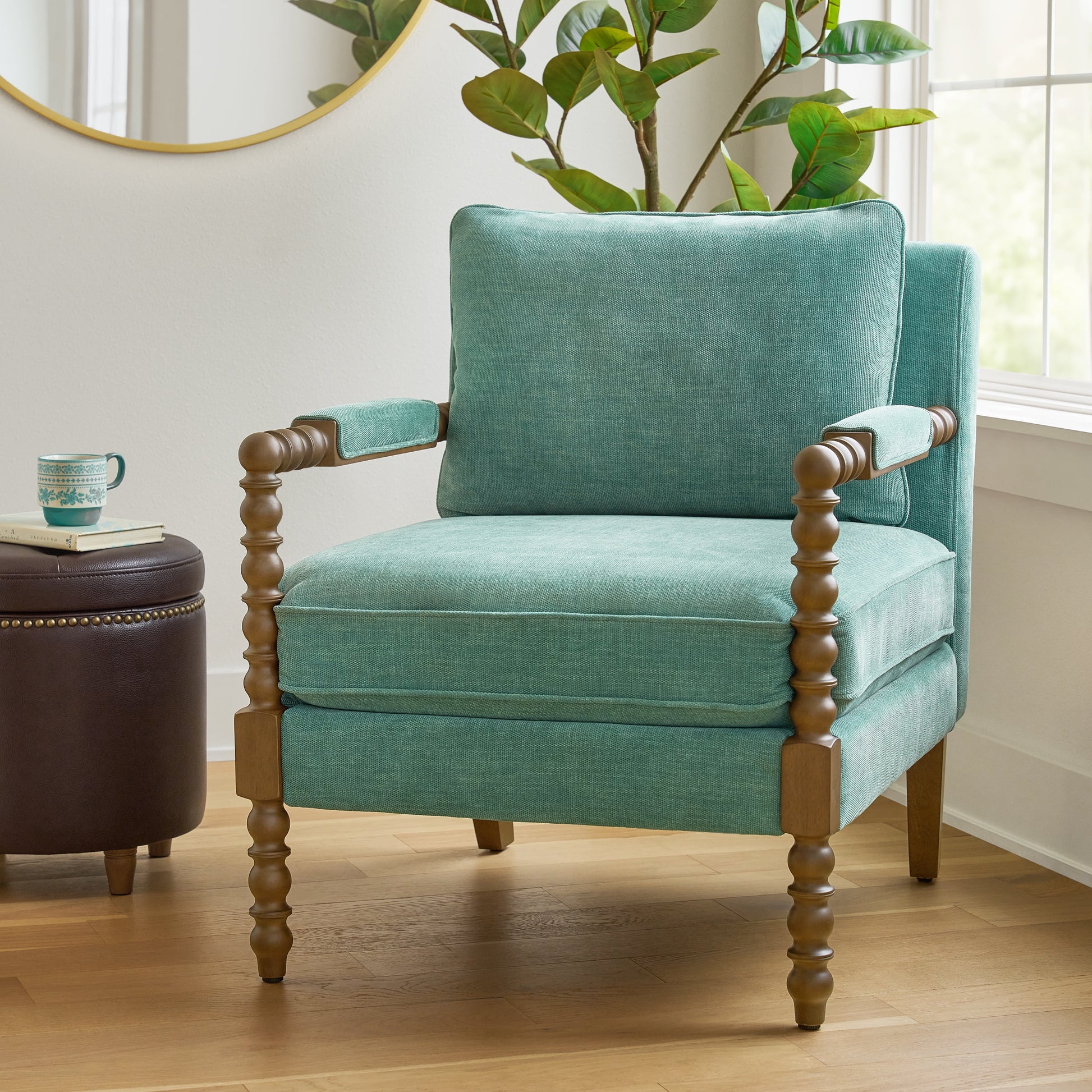 Pioneer Woman Harper Spindle Accent Chair, Jade Fabric Upholstery