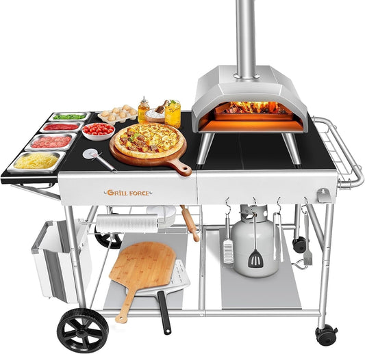 Pizza Oven Table Grill Cart for Ooni Koda/Karu/Fyra 16& 12 with Pizza Topping Station Movable Food and Prep Workcart Outdoor Grill Table Stand for Ninja Woodfire Blackstone Griddle Cuisinart