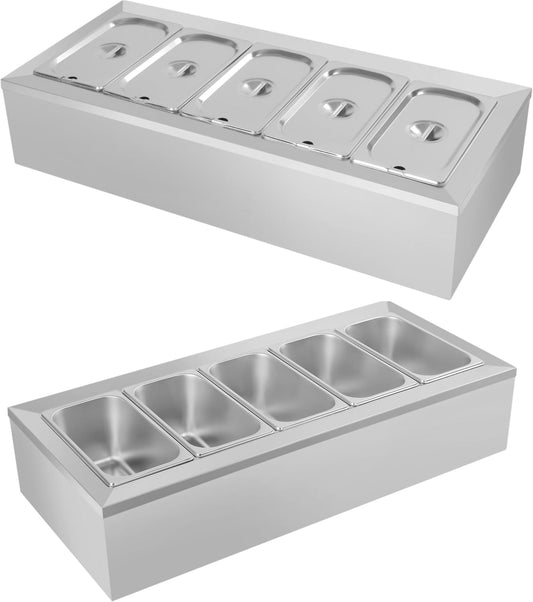 Pizza Topping Station with 5 Pans & Lids, Stainless Steel Condiment Prep Station Food Container Pans, (Country Rustic)
